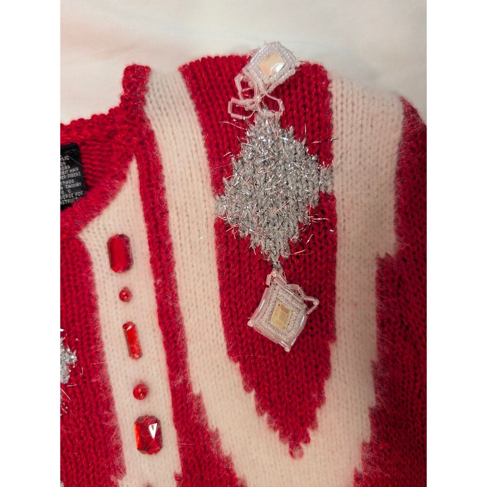 Women's Vintage Angenie Crewneck Embellished Wool Blend Sweater MCM Red L/XL - Picture 6 of 8